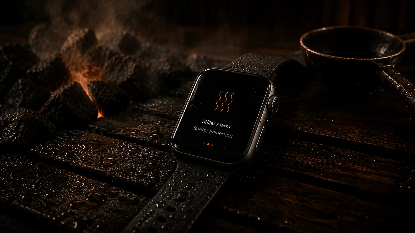 Apple Watch zeigt den stillen Puls-Alarm der Schwitz App in der Sauna