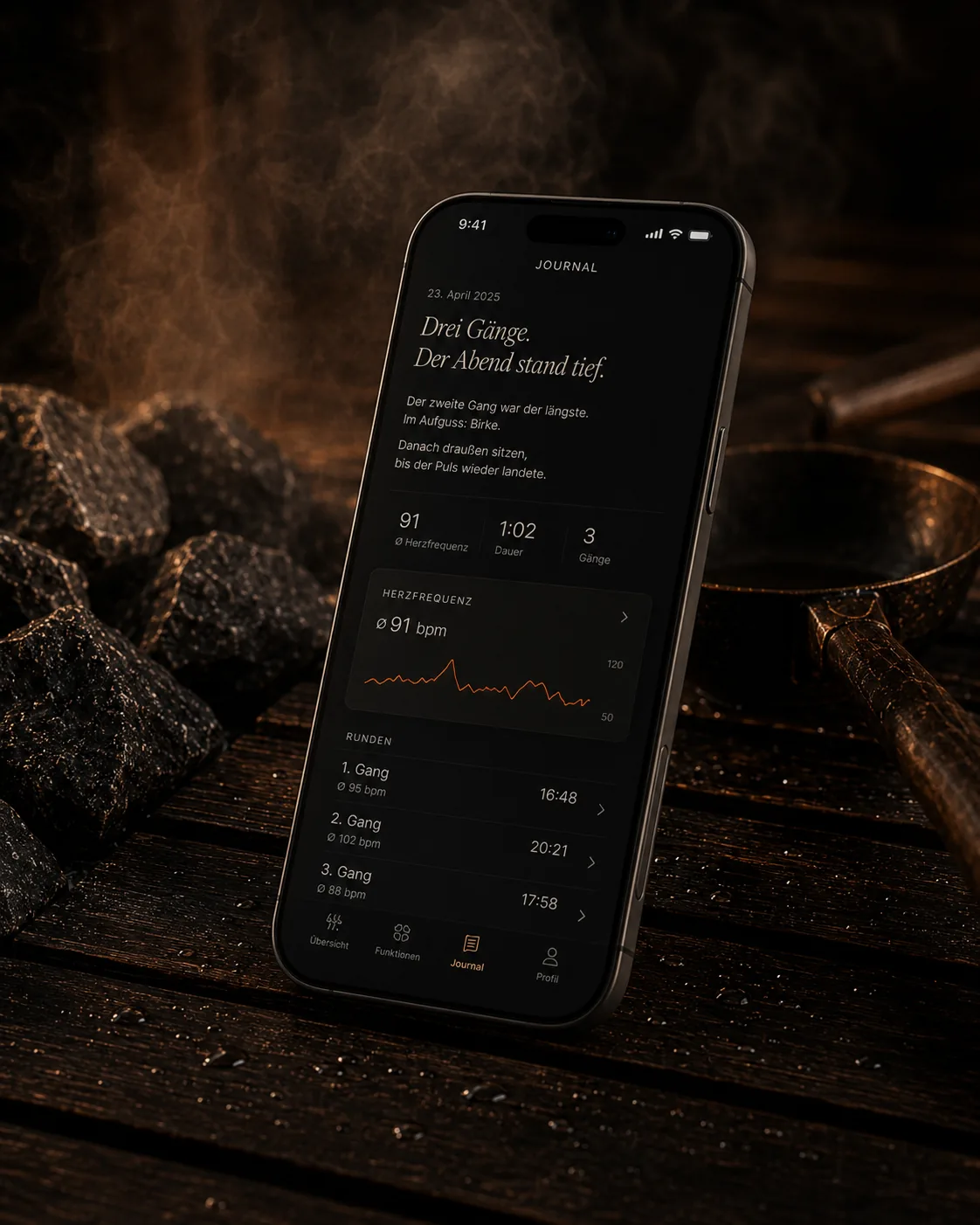 iPhone zeigt das Sauna-Tagebuch der Schwitz App mit Runden, Aufgüssen und Notizen