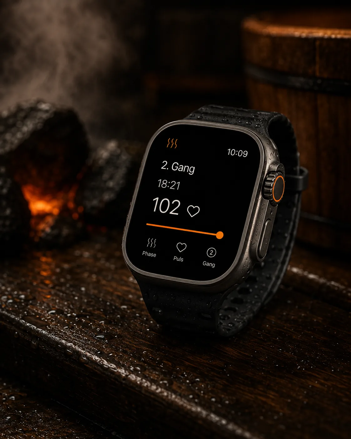 Apple Watch zeigt eine laufende Sauna-Session in der Schwitz App: Phase, Puls und Gang