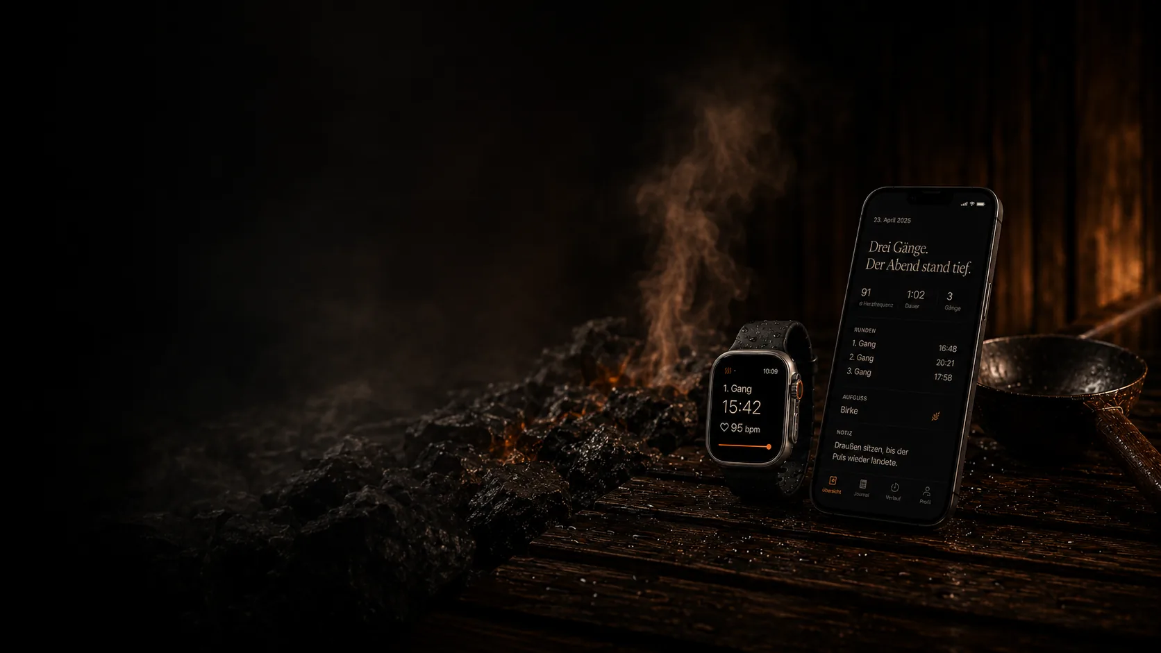 Sauna-Stimmung mit Apple Watch und iPhone, auf denen die Schwitz App läuft