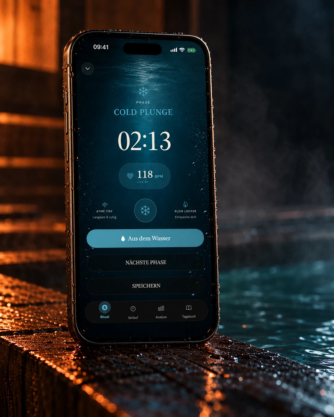 iPhone mit der Abkühlungs-Phase Cold Plunge am Beckenrand, Timer 02:13, Puls 118