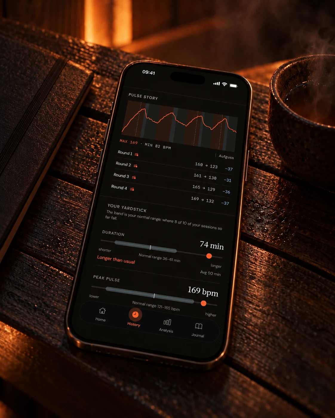 iPhone showing the session report: pulse story, rounds and yardstick, on wet wood next to a bowl