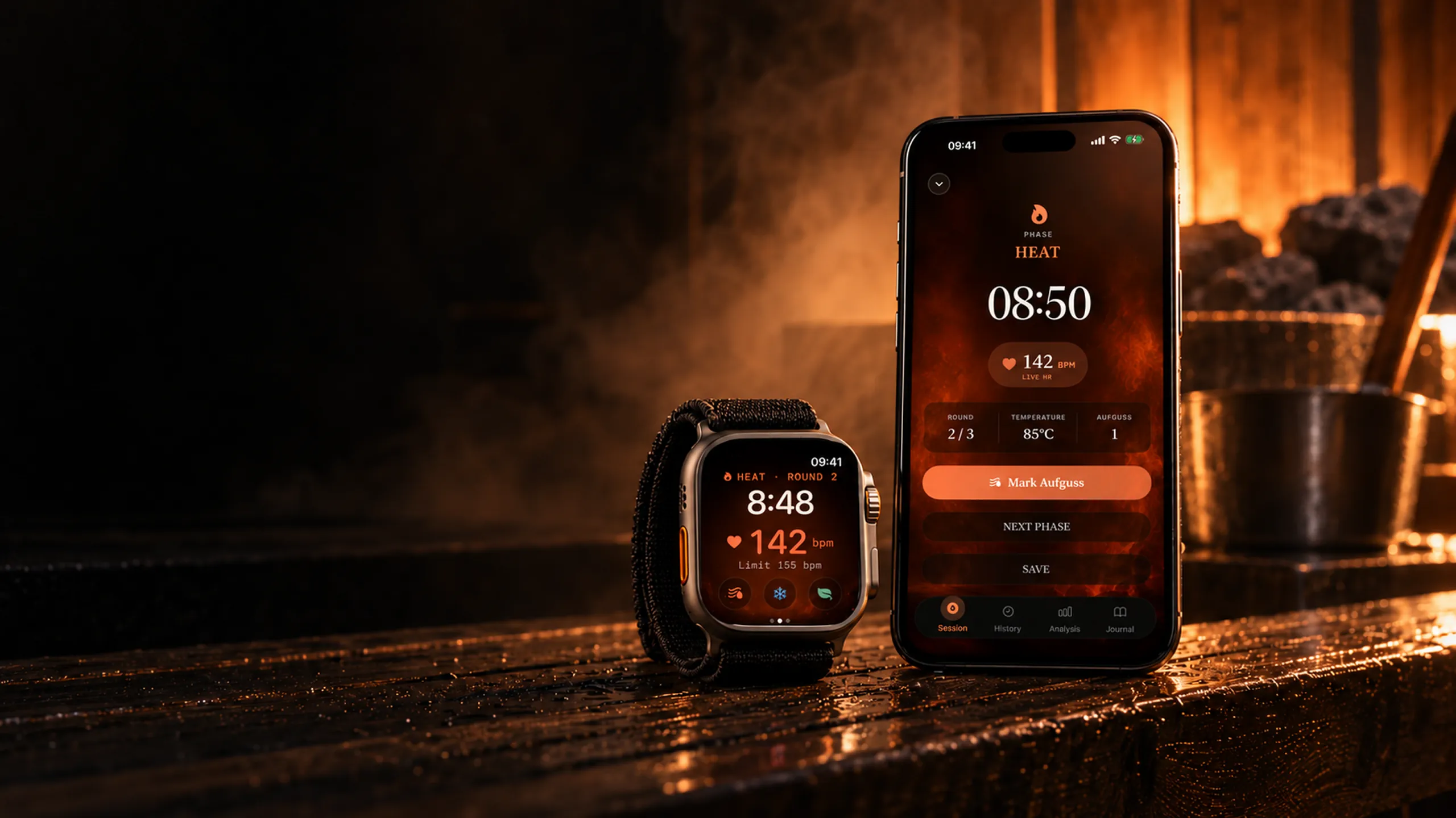 Apple Watch and iPhone running Schwitz on a wet sauna bench, steam and glowing stones behind
