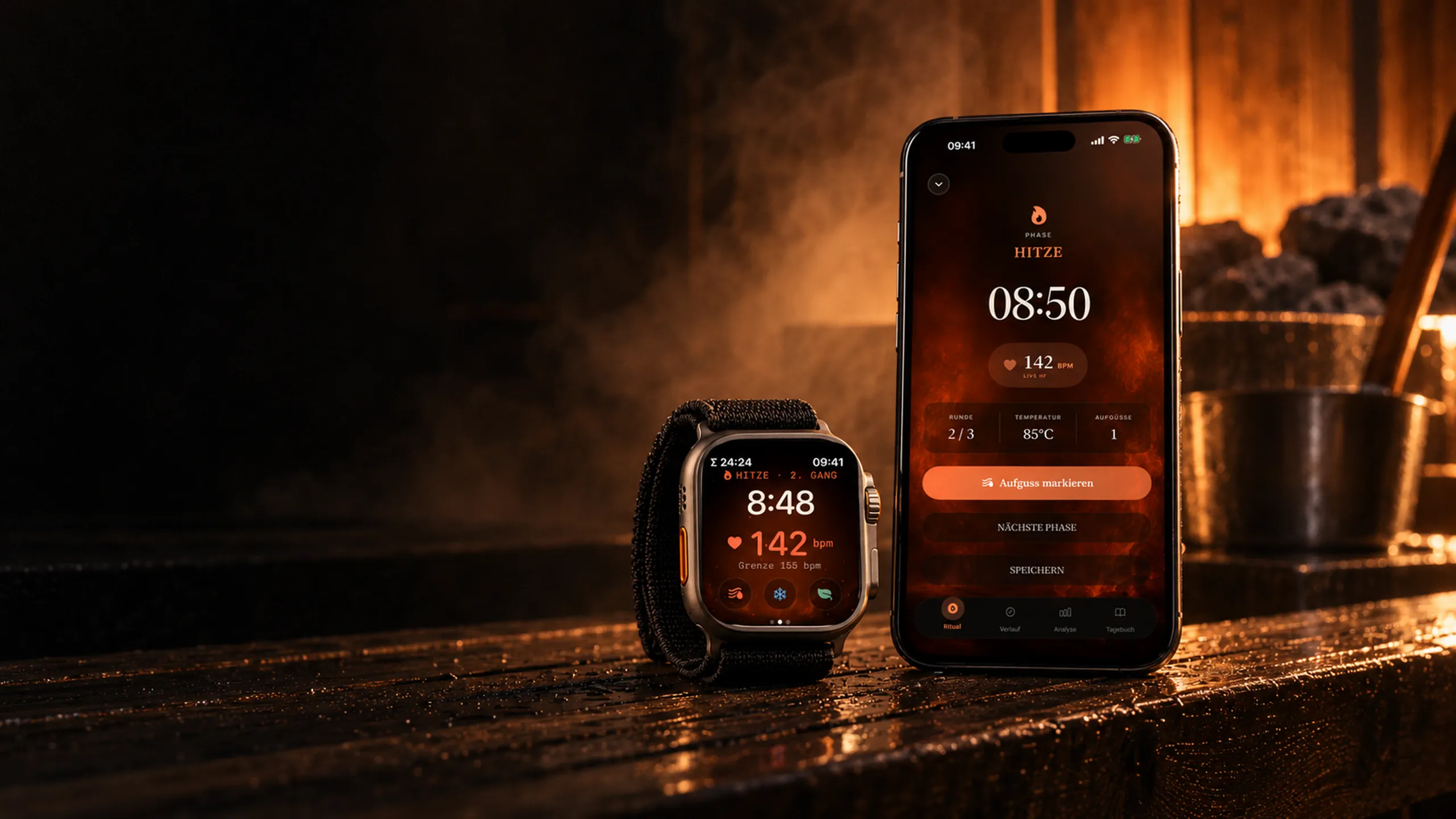 Apple Watch und iPhone mit der Schwitz-App auf einer nassen Saunabank, dahinter Dampf und glühende Steine
