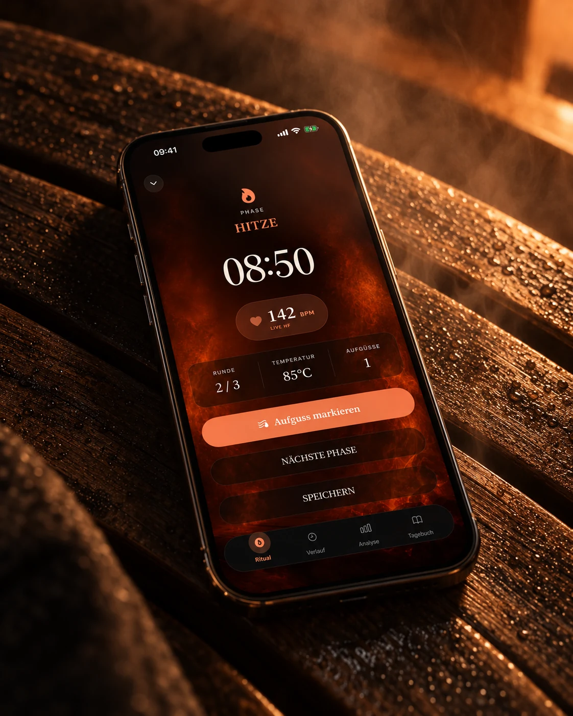 iPhone mit der Hitze-Phase in Schwitz auf nassem Saunaholz, Timer 08:50, Puls 142