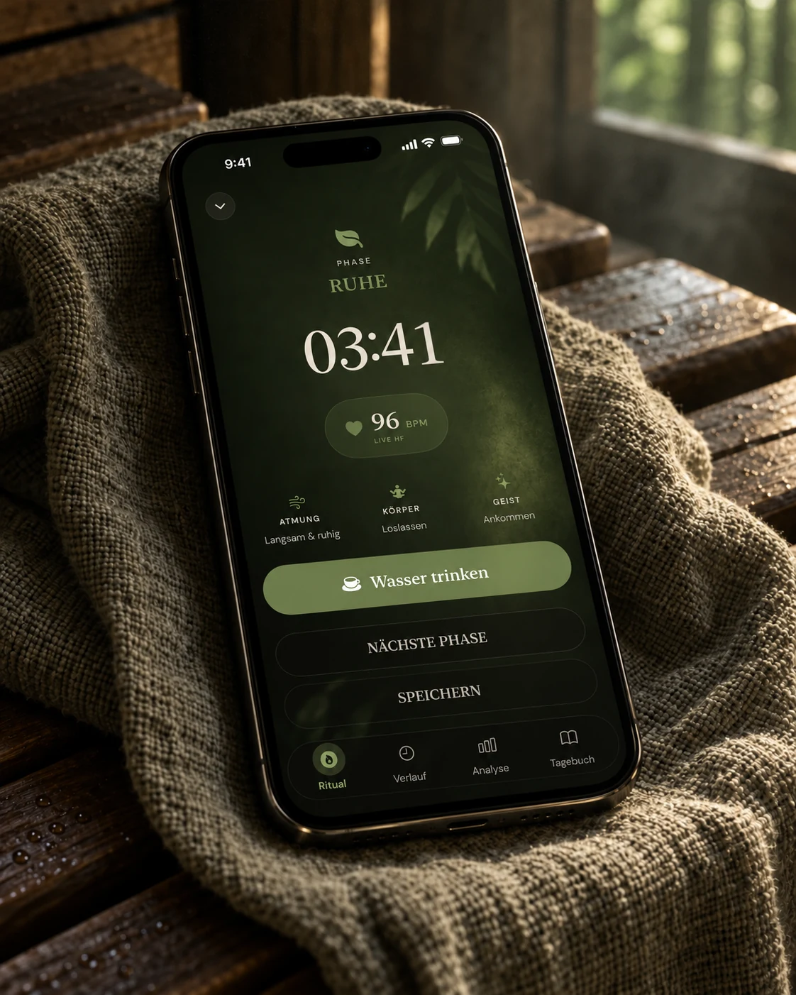 iPhone mit der Ruhe-Phase in Schwitz auf grobem Leinen, Timer 03:41, Puls 96, Wald durchs Fenster