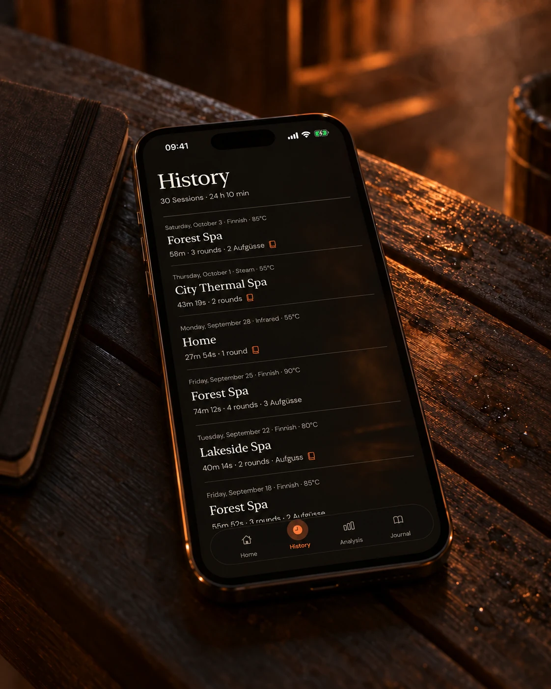 iPhone showing the history chronicle on dark wood