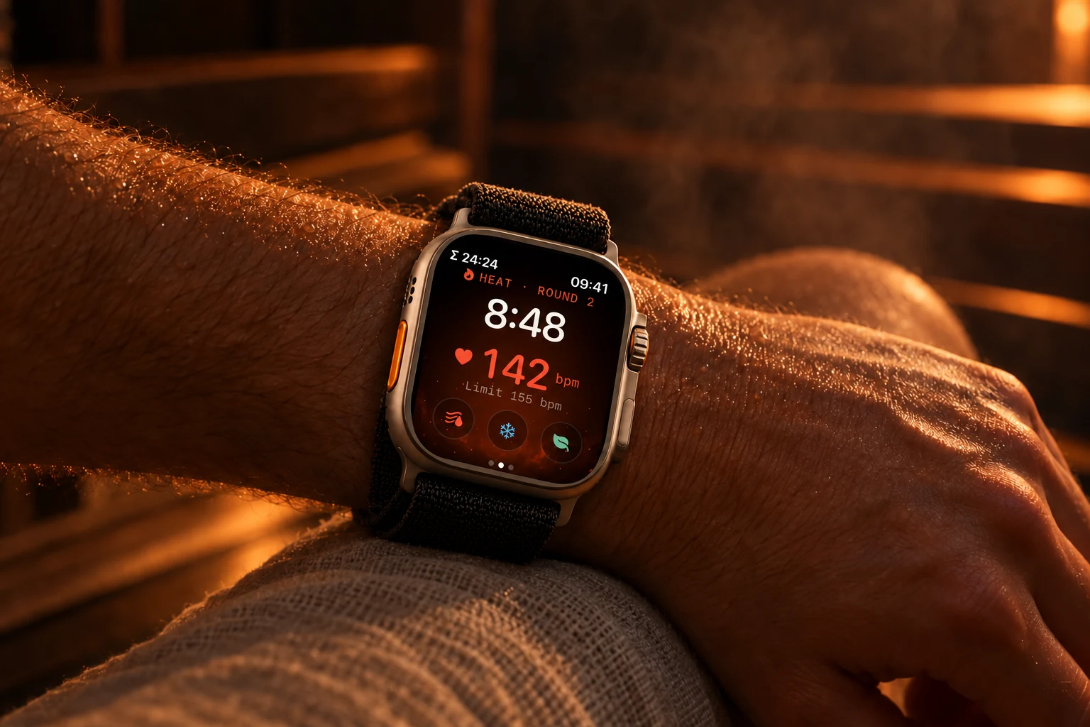 Apple Watch on a wrist in the sauna, heat phase with heart rate 142 and limit 155